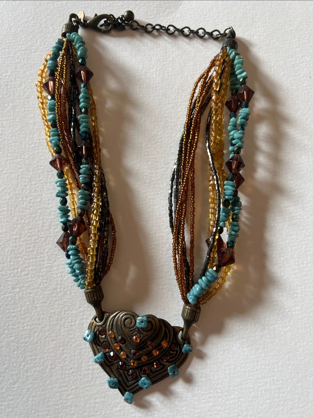 Boho CHICOs Turquoise & Amber Multi-Strand Heart Pendant Necklace